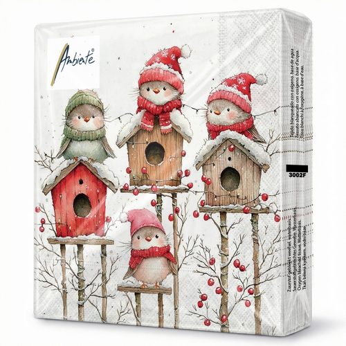 20 Servietten Birdhouse quartet white - Lustige Wintervögel auf Vogelhäuser 33x33cm