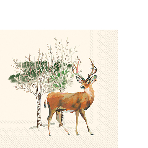 20 kleine Cocktailservietten Deer Grove cream - Hirschfamilien im Birkenwald 25x25cm