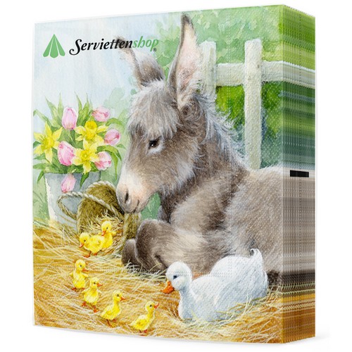 20 Servietten Donkey with cute Chicks - Esel mit Küken 33x33cm