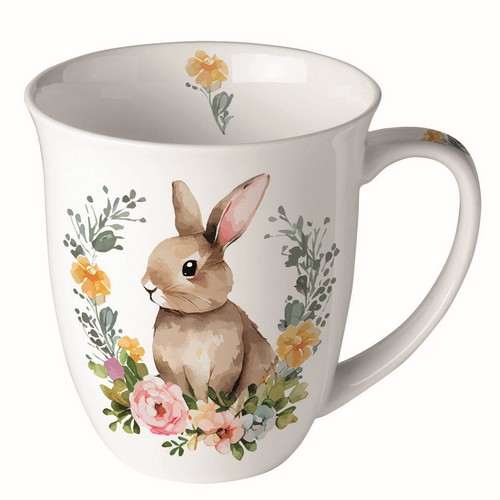 Tasse aus Porzellan Cute Easter Rabbit - Hase hinter Blumenkranz 0,4L, Höhe 10,5cm
