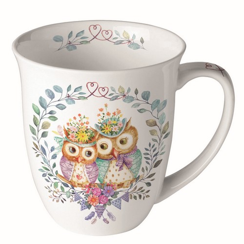 Tasse aus Porzellan Owl Couple in Love - Eulen in Blätterkranz 0,4L, Höhe 10,5cm