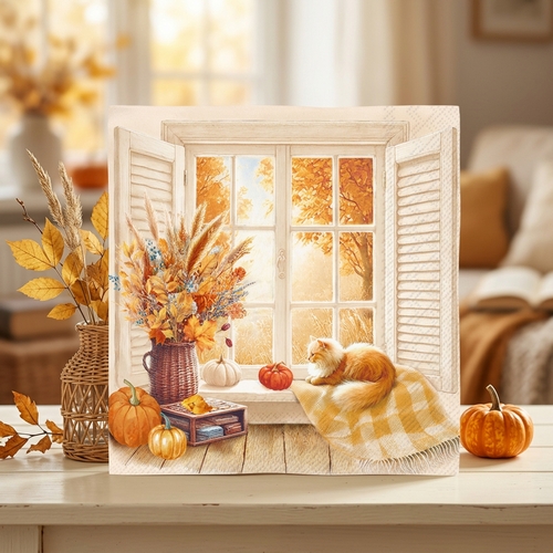 20 Servietten Cozy Fall View cream - Katze am Herbstfenster 33x33cm