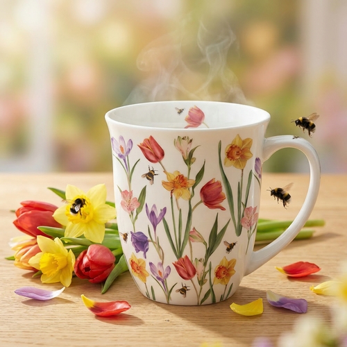 Tasse aus Porzellan Flowers in spring  - Frühlingsblumen und Bienen 0,4L, Höhe 10,5cm