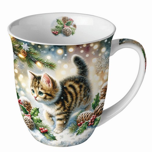 Tasse aus Porzellan Cute Cat in the Snow - Katze im Schnee unterwegs 0,4L, Höhe 10,5cm