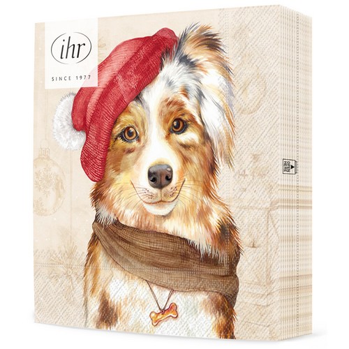 20 Servietten Jack cream - Hund mit Weihnachtsmütze 33x33cm