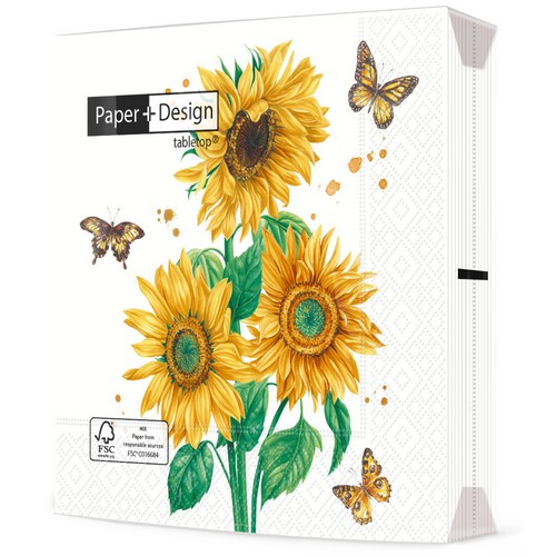 20 Servietten Sunshine Bloom - Sonnenblumen mit Schmetterlinge 33x33cm