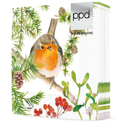 20 Servietten Robin in Tree - Rotkehlchen auf Winterast 33x33cm