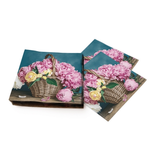 20 Servietten Peony Basket - Rosa Pfingstrosen im Korb 33x33cm