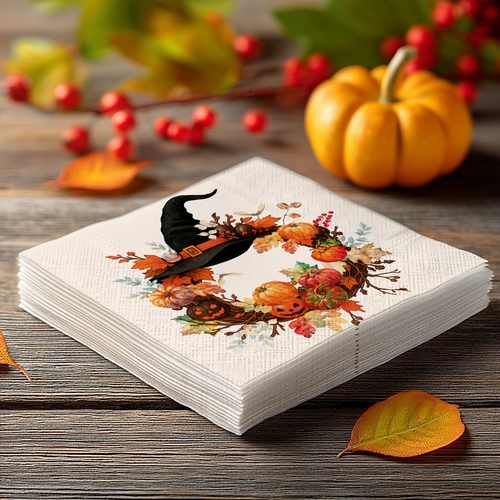 20 kleine Cocktailservietten Witch Wreath - Hexenhut im Kranz 25x25cm