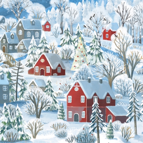 20 Servietten Red Winter Village - Winterhäuser in Landschaft 33x33cm