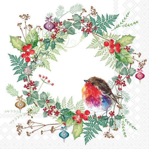 20 Servietten Robins Wreath white - Vrotkehlchen in winterlichen Kranz 33x33cm
