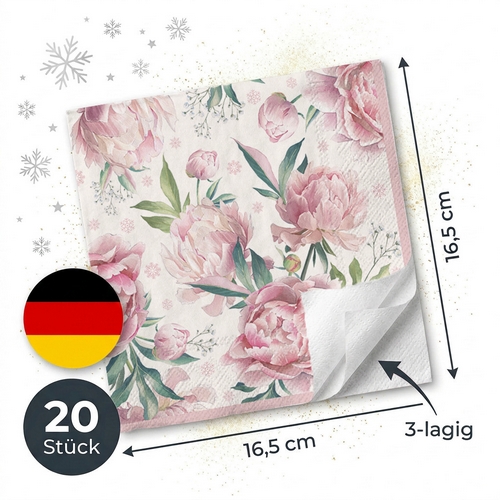 20 Servietten Daphne cream rose - Pfingstrosen auf weiß-rosa 33x33cm