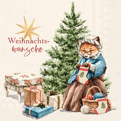20 Servietten Winter Wünsche cream - Strickende Großmutter 33x33cm