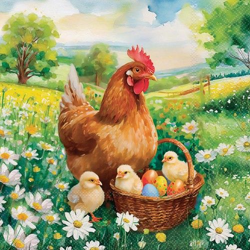 20 Servietten Easter Chick in Meadow - Henne am Korb mit Küken 33x33cm