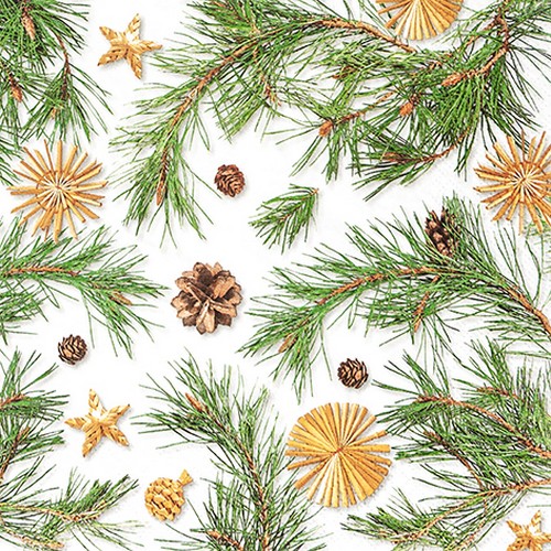 20 Servietten Pines and more - Strohsterne und Zapfen an Zweige 33x33cm