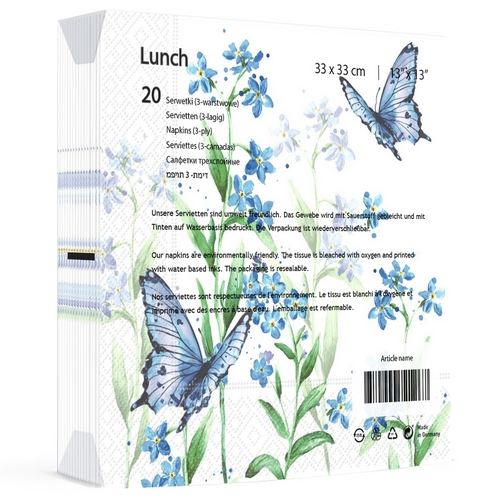 20 Servietten Azure bloom - Schmetterlinge an blauen Blumen 33x33cm