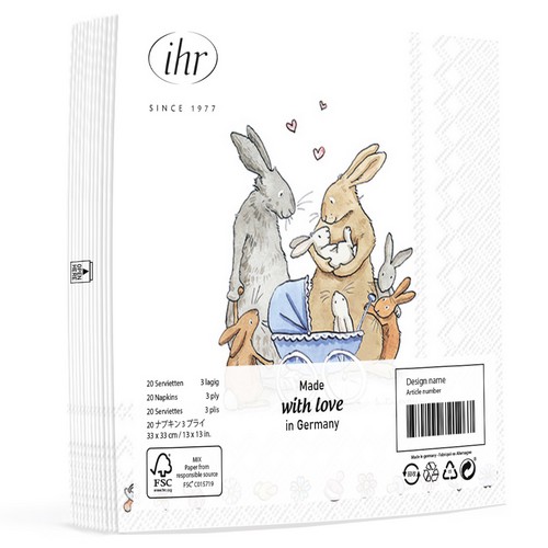20 Servietten Welcome Baby - Hasen mit Hasenbabys 33x33cm