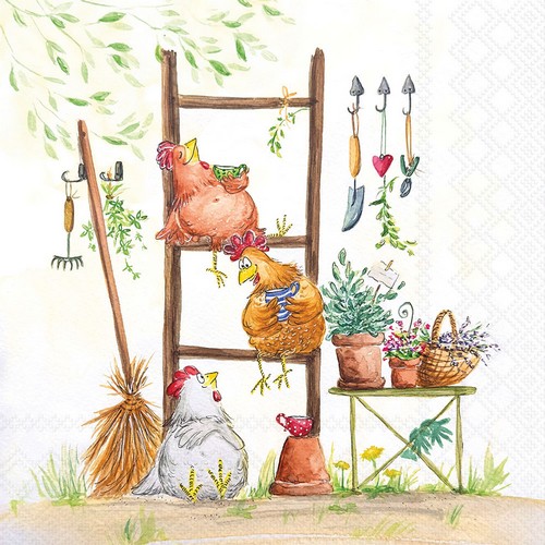 20 Servietten Break Time - Hühner auf Leiter 33x33cm
