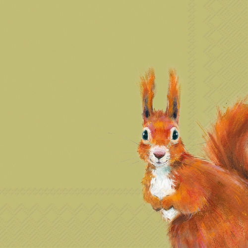 20 Servietten Squirrel Hazel green - Witziges Eichhörnchen auf grün 33x33cm