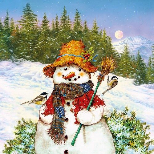 20 Servietten Snowman & Birds - Meisen an Schneemann mit Hut 33x33cm