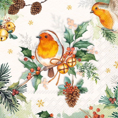 20 Servietten Robins Melody cream - Rotkehlchen an Weihnachtszweig 33x33cm