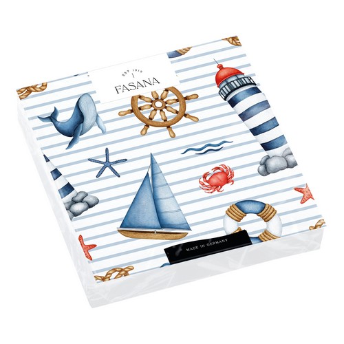 20 Servietten Ahoi - Symbole der See auf blauen Streifen 33x33cm