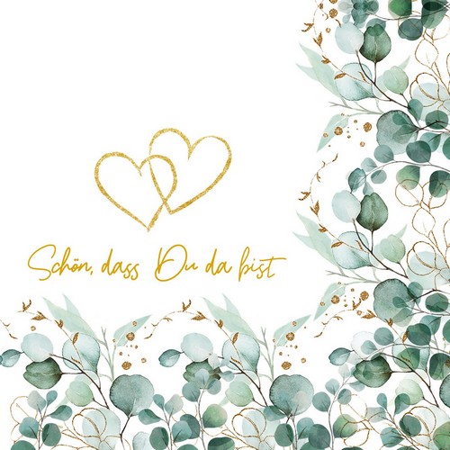 20 Servietten Eucalyptus Frame Hearts - Eukalyptus Bordüre Herzen 33x33cm