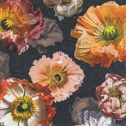 20 Servietten Papaver - Vintage Blüten auf Schwarz 33x33cm