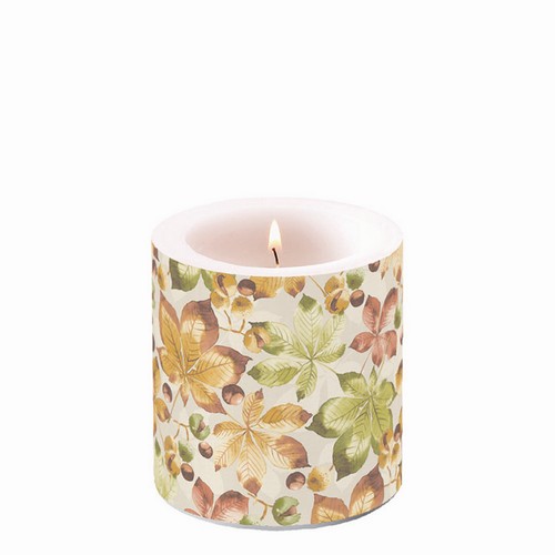 Kerze rund klein Castanea - Herbstblätter Ø 7,5cm, Höhe 9cm