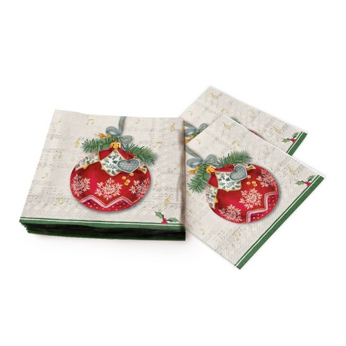 20 Servietten Christmas Bauble - Rote Kugel auf Notenzeile 33x33cm