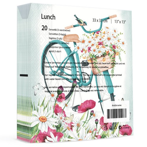 20 Servietten Romantic Bicycle - Blumen im Fahrradkorb 33x33cm