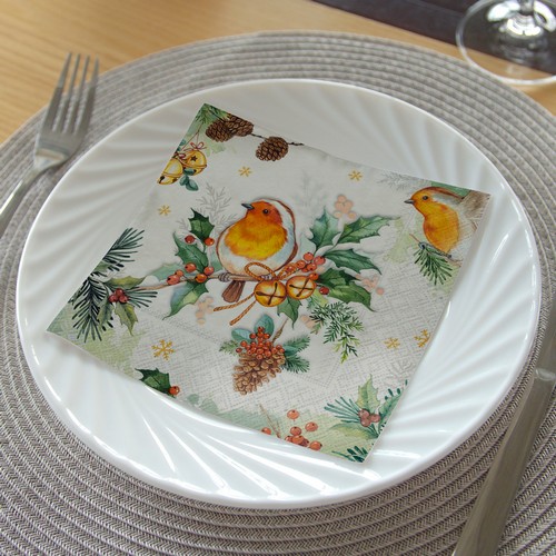 20 Servietten Robins Melody cream - Rotkehlchen an Weihnachtszweig 33x33cm