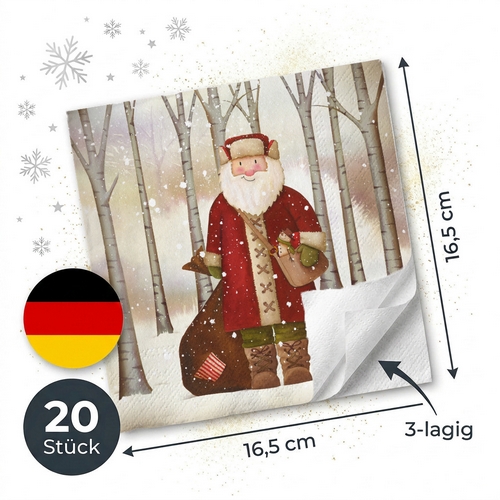 20 Servietten Santa and Rabbit - Weihnachtsmann im Wald 33x33cm