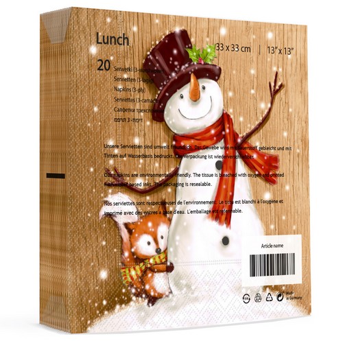 20 Servietten Cheery Snowman - Fuchs an Schneemann 33x33cm