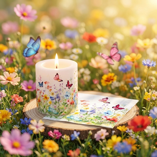 Kerze rund klein Butterflies in field white  - Schmetterlinge im bunten Blumenfeld Ø 7,5cm, Höhe 9cm