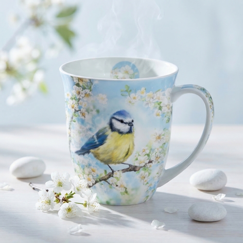 Tasse aus Porzellan Blossom time  - Blaumeise an Frühlingszweige 0,4L, Höhe 10,5cm