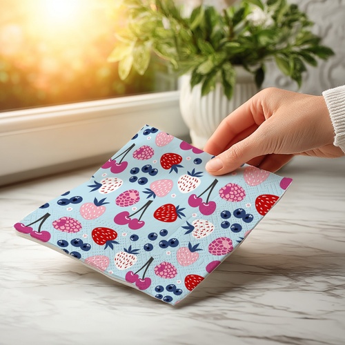 20 kleine Cocktailservietten Berries Sundae - Beerenmix auf hellblau 25x25cm