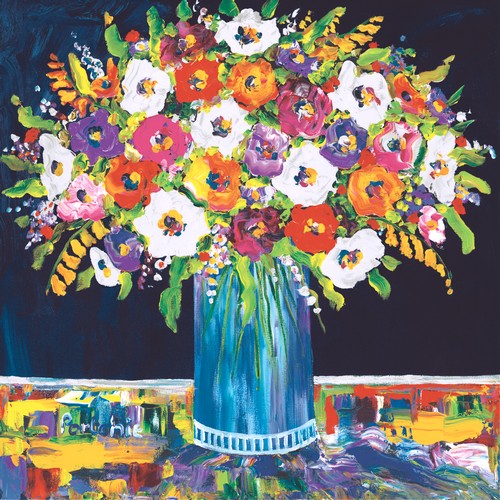 20 Servietten Portchie Art Mixed flowers in a blue vase - Blumenvase auf buntem Tisch 33x33cm