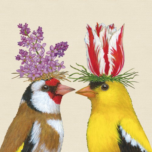 20 Servietten Spring Romance - Vogelpaar mit Blumenschmuck 33x33cm