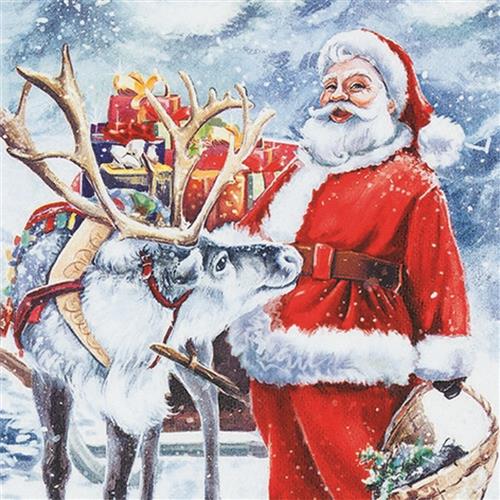 20 Servietten Santa with Reindeer - Weihnachtsmann mit seinem Rentier 33x33cm