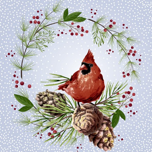 20 Servietten Winter Cardinal - Kardinal im Winterkranz 33x33cm