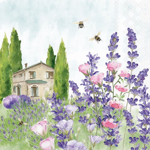 20 Servietten Lavender Meadow - Lavendelwiese vor Haus 33x33cm
