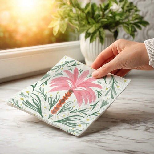 20 kleine Cocktailservietten Palm Oasis - Palmen-Muster rosa 25x25cm