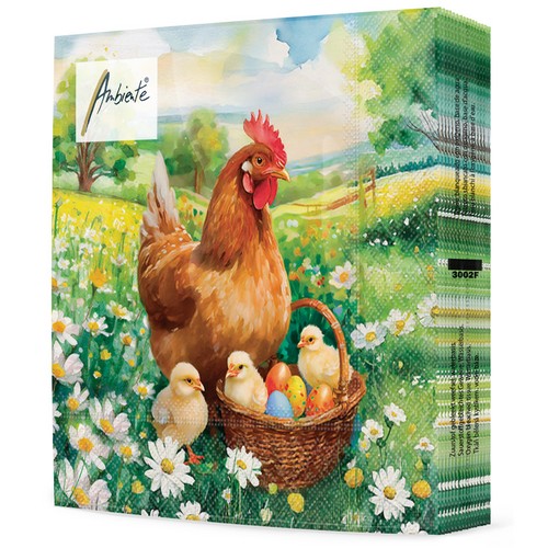 20 Servietten Easter Chick in Meadow - Henne am Korb mit Küken 33x33cm