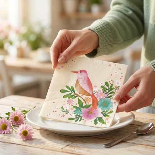 20 Servietten Flowery Bird - Vogel auf gemalten Blumen 33x33cm