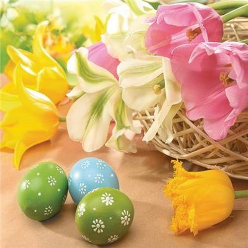 20 Servietten Colourful Tulips and Eggs - Ostereier an Blumenkorb 33x33cm