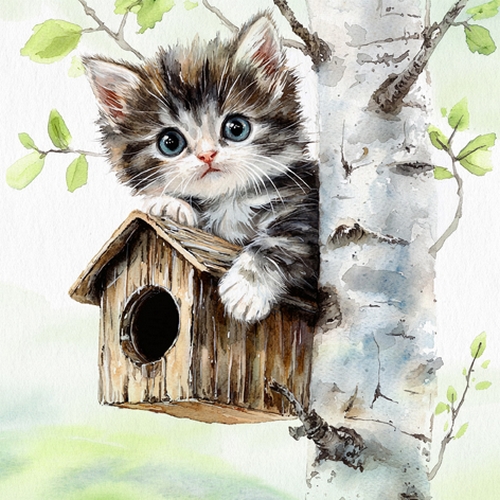 20 Servietten Minka - Katze am Vogelhaus 33x33cm