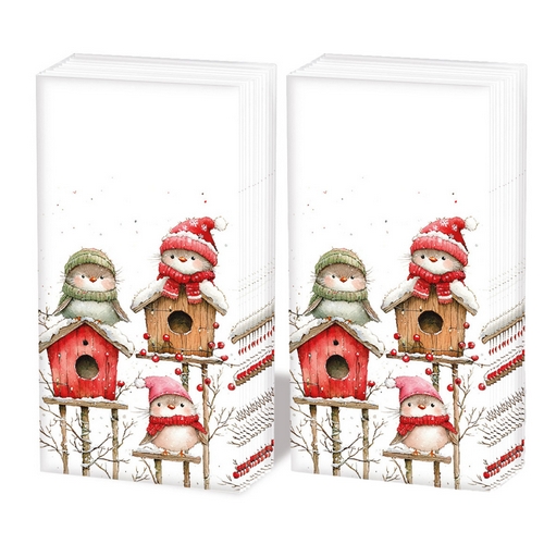 2x 10 Taschentücher Birdhouse quartet white - Lustige Wintervögel auf Vogelhäuser
