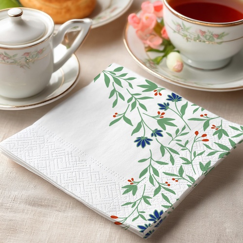 20 kleine Cocktailservietten Flora - Viele grüne Blätter mit Blüten 25x25cm