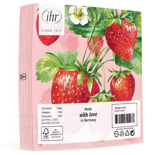 20 Servietten Strawberry Fruits red - Große Erdbeeren auf rosa 33x33cm